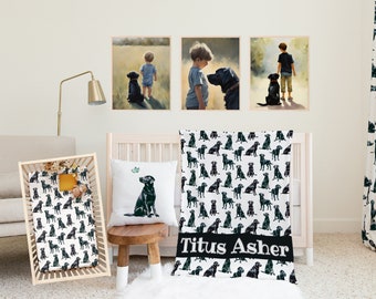 Boy Nursery Bedding Set, Black Labrador Crib Sheet, Baby Boy Shower Gift, Black Lab Baby Blanket, Dog Nursery Pillow, Duck Hunter Nursery