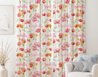 May include: Two white curtains with a floral pattern featuring pink and orange poppies. The name "Isabella" is repeated throughout the pattern.