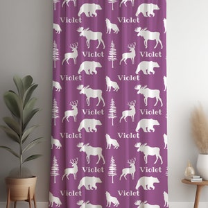 Personalized Kids Bedroom Curtains, Purple Woodland Toddler Drapes, Girl Woodland Nursery Decor, Baby Girl Shower Gifts, Moose Crib Sheets