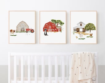 Farm Nursery Wall Decor, Farm Animal Bedroom Art, Set of 3 Prints, Kids Bedroom Decor, Tractor Nursery Prints, Gifts For Baby Boy Shower