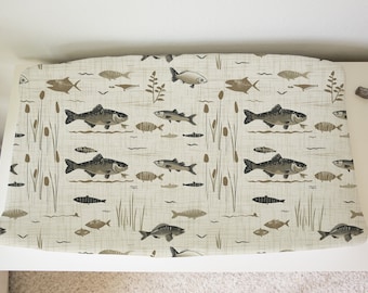 Baby Boy Lake Fish Diaper Changing Pad Cover, Trout Crib Sheet Set, Cute Baby Fisherman Nursery Bedding, Outdoorsman Woodland Nursery