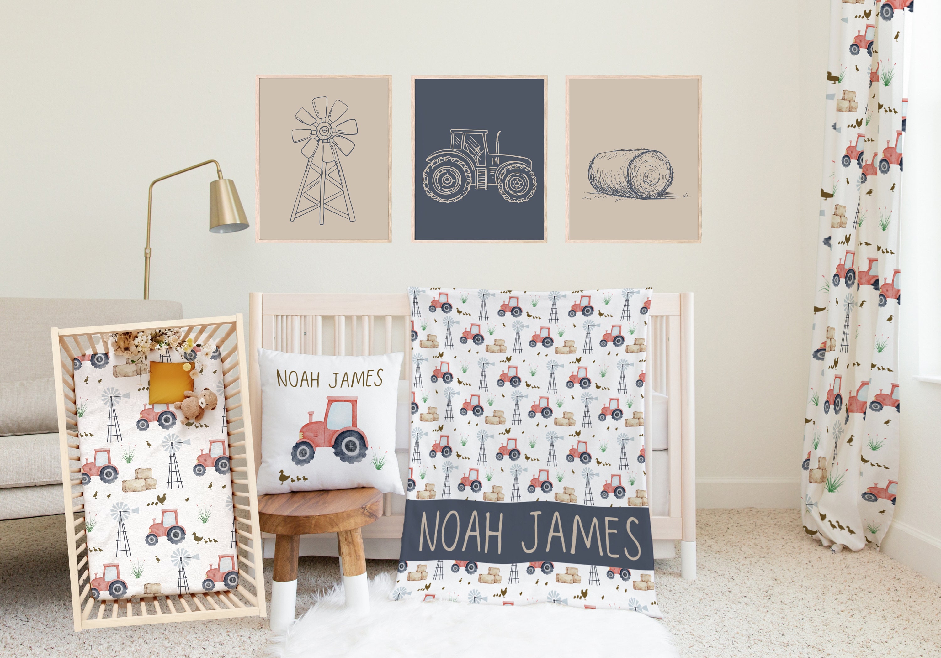 Nursery Tractor Wall Decor, Kids Farm Bedroom Prints, Set of Three