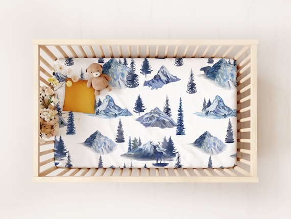 Blue Mountain Crib Sheet Woodland Crib Bedding Woodland Nursery New Mom Gift Baby Boy Gift Mountain Themed Nursery Nature Crib Sheet Etsy