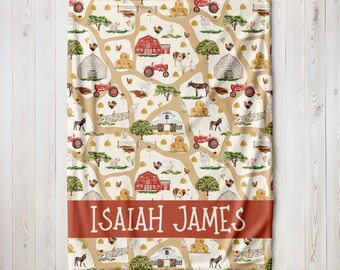 PERSONALIZED Red Farm Tractor Baby Name Blanket, Sherpa Baby Blanket, Farm Themed Nursery, Farm Bedding, Toddler Name Blanket With Tractors