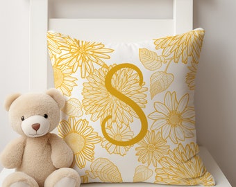 Coussin jaune personnalisé pour chambre de bébé, coussin monogramme, oreiller initial, décoration de chambre de bébé tournesol, literie de lit de bébé tournesol, cadeau de nouvelle maman