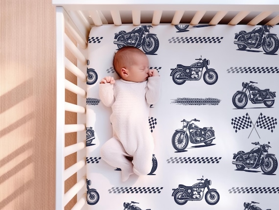 Motorcycle Crib Sheets Motorcycle Racing Nursery Theme Baby Boy Crib Bedding Checkered Crib Sheet Baby Shower Gift for Boy Navy Blue Etsy