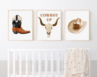 Western Nursery Decor, Cowboy Up Bedroom Art, Longhorn Nursery Prints, Set of Three, Baby Boy Shower Gifts, Southwestern Kids Bedroom Decor