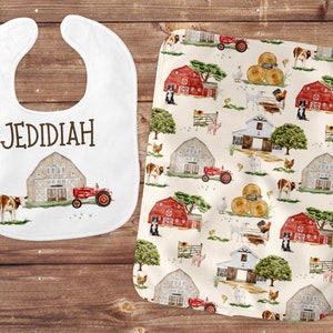 Farm Baby Burp Cloths, Red Tractor Baby Bibs, Farm Nursery Theme, Personalized Baby Bibs, Baby Boy Shower Gifts, Farm Animal, Red Barn
