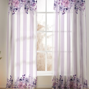 Purple Floral Nursery Curtains, Delicate Girl Bedroom Drapes, Victorian Style Nursery Decor, Baby Girl Shower Gift, Striped Crib Bedding Set