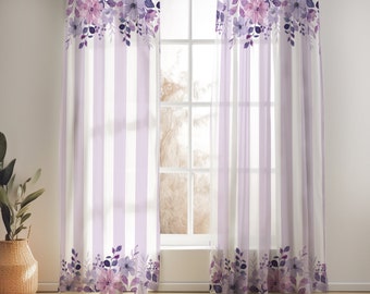 Purple Floral Nursery Curtains, Delicate Girl Bedroom Drapes, Victorian Style Nursery Decor, Baby Girl Shower Gift, Striped Crib Bedding Set