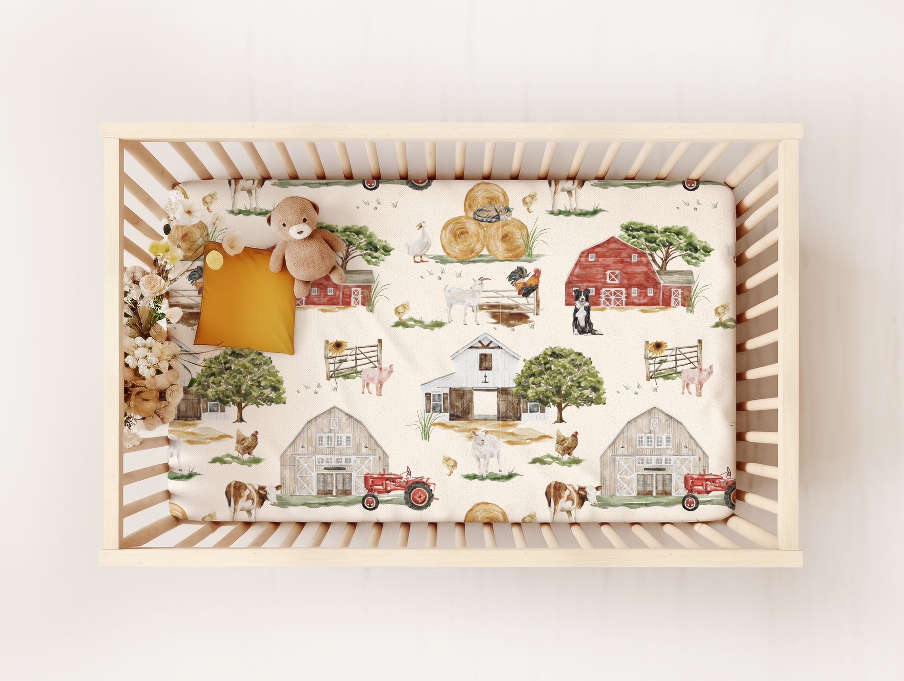 Farm Crib Sheet, Farm Themed Nursery, Farm Animal Crib Bedding, New Mom