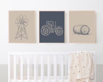 Nursery Tractor Wall Decor, Kids Farm Bedroom Prints, Set of Three Prints, Kids Playroom Wall Art, Above Crib Decor, Baby Boy Shower Gifts