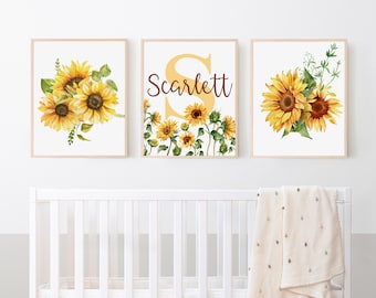 Sunflower Nursery Wall Decor, Sunflower Baby Name Wall Art, Set of Three Prints, Above Crib Decor, Baby Girl Gifts, Sunflower Bedroom Theme