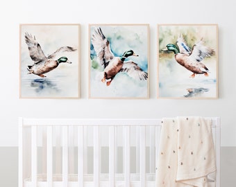Mallard Duck Nursery Decor, Watercolor Duck Set of 3 Prints, Duck Hunter Nursery Wall Art Set, Boy Birthday Gifts, Duck Hunter Bedroom Decor