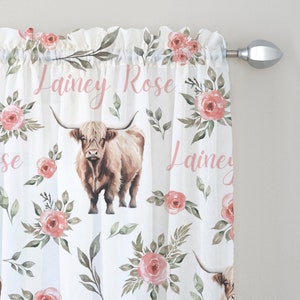 Highland Cow Nursery Curtains, Personalized Kids Name Curtains, Black Out Drapes With Peonies, Baby Girl Shower Gifts, Cow Crib Bedding Set