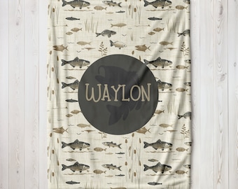 PERSONALIZED Trout and Bass Fish Blanket, Sherpa Baby Blanket, Baby Name Fisherman Swaddle , Lake Crib Bedding, Kids Minky Name Blanket