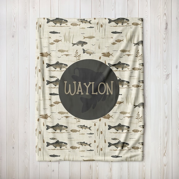 PERSONALIZED Trout and Bass Fish Blanket, Sherpa Baby Blanket, Baby Name Fisherman Swaddle , Lake Crib Bedding, Kids Minky Name Blanket