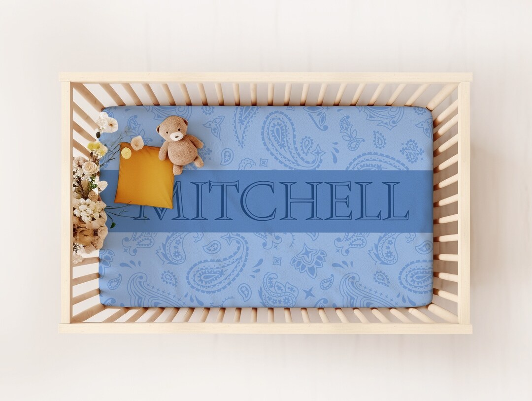 Blue Paisley Custom Crib Sheet, Baby Name Bedding, Blue Western Nursery