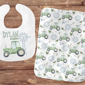 Green Tractor Burp Cloths, Tractor Burp Rags, Boy Baby Tractor Bib, Farm Baby Bibs, Farm Burp Cloths, Baby Boy Shower Gift, Farm Nursery Set
