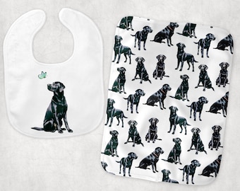 Burp Cloth With Puppy Dogs, Baby Bib With Black Labrador, Gender Neutral Baby Gift Set, Black Lab Dog Mom, Baby Spit Up Rags, Eating Bibs
