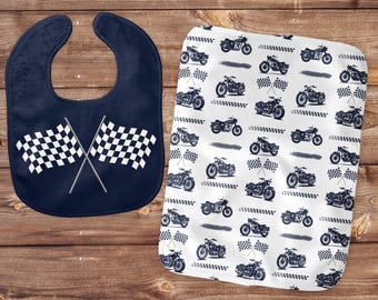 Motorcycle Baby Burp Cloth, Checkered Flag Baby bib, Motorcycle Nursery Theme, Affordable Gift For Baby Boy, Baby Eating, Racing Nursery