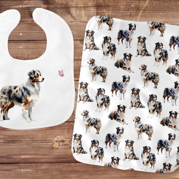 Australian Shepherd Baby Bib, Gender Neutral Burp Cloths, Infant Eating Set, Gender Neutral Baby Shower Gift, Aussie Dog Mom, Baby Burping