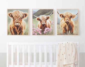 Highland Cow Nursery Decor, Set of Three, Cow Nursery Posters, Baby Highland Nursery Art Print, Farm Girls Bedroom Decor, Baby Girl Gift
