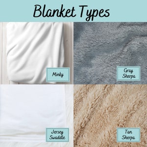 May include: Four different types of blankets are shown. The top left is a white minky blanket. The top right is a gray sherpa blanket. The bottom left is a white jersey swaddle blanket. The bottom right is a tan sherpa blanket.