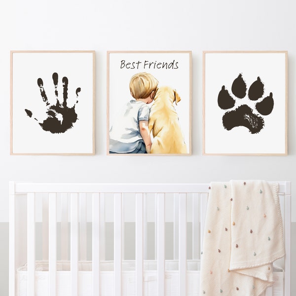 Yellow Labrador Nursery Decor, Little Boy With Dog Painting, Above Crib Decor, Set of Three Prints, Dog Nursery Theme, Kid Puppy Bedroom Art