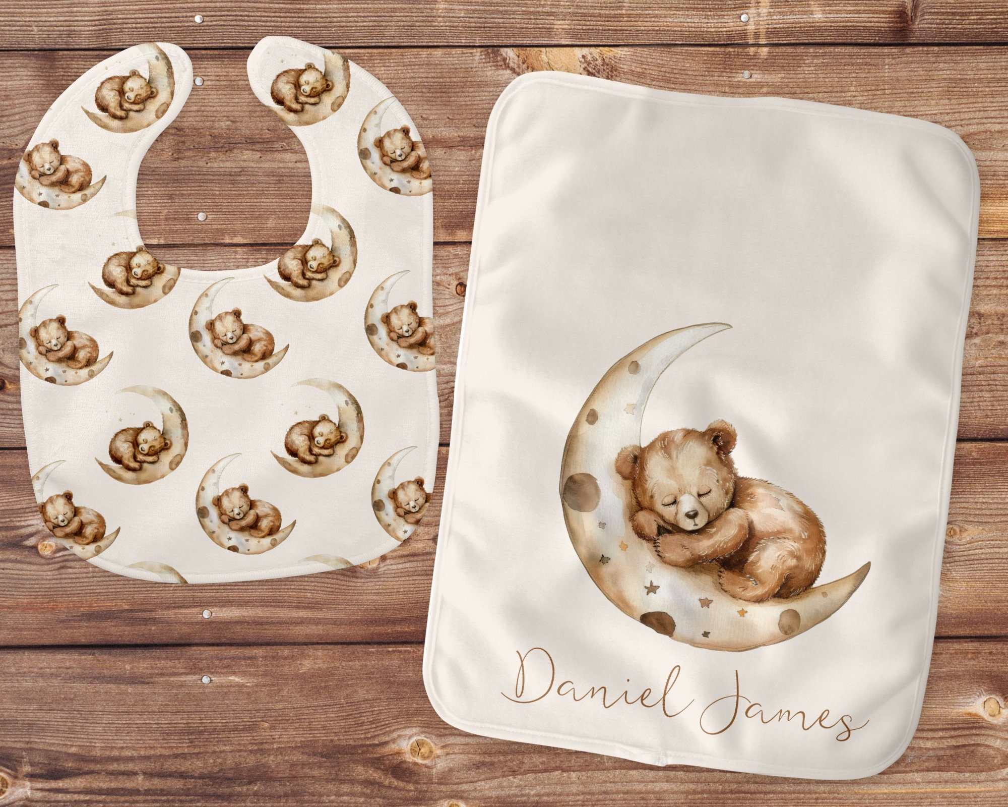 Celestial Bear Burp Cloths, Personalized Baby Bibs, Bear Nursery Theme, Sleep Bear On Moon, Celestial Nursery, Gender Neutral Baby Gift Set