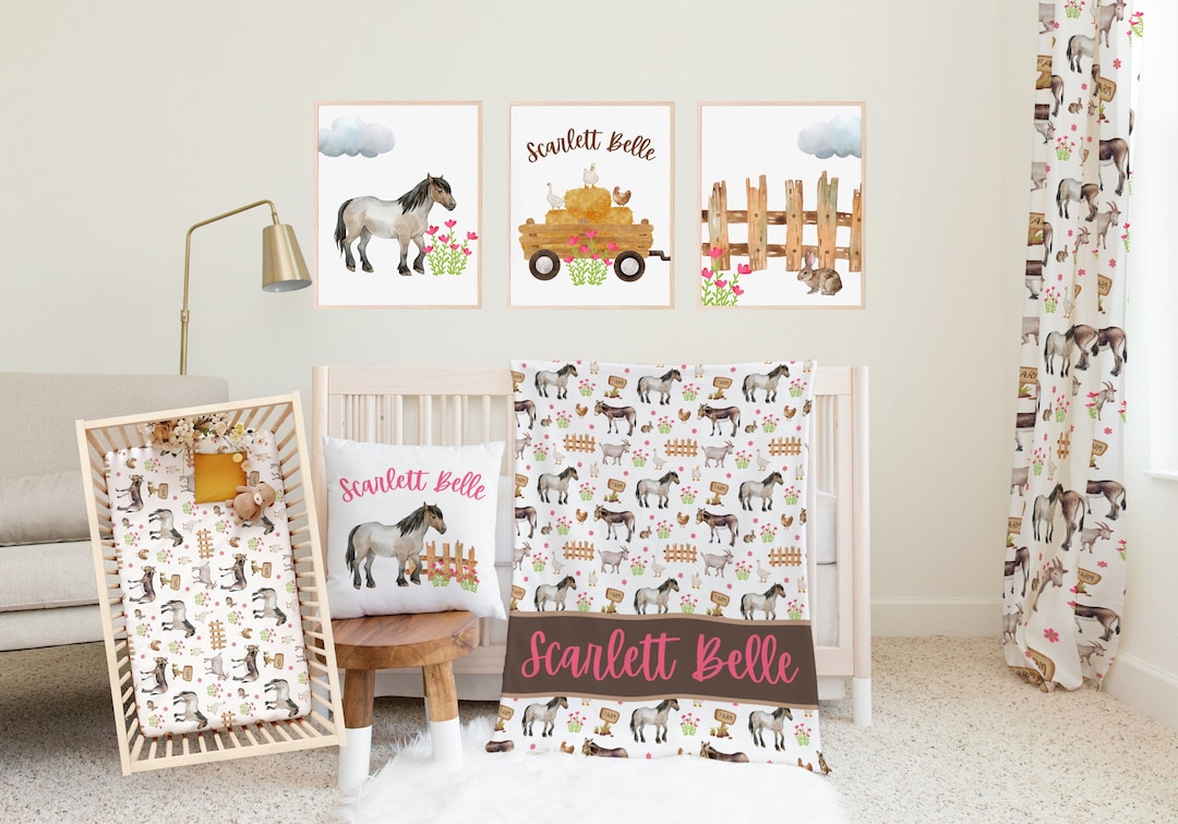 Farm Nursery Bedding, Farm Animal Crib Sheet, Kids Name Barn Blanket ...
