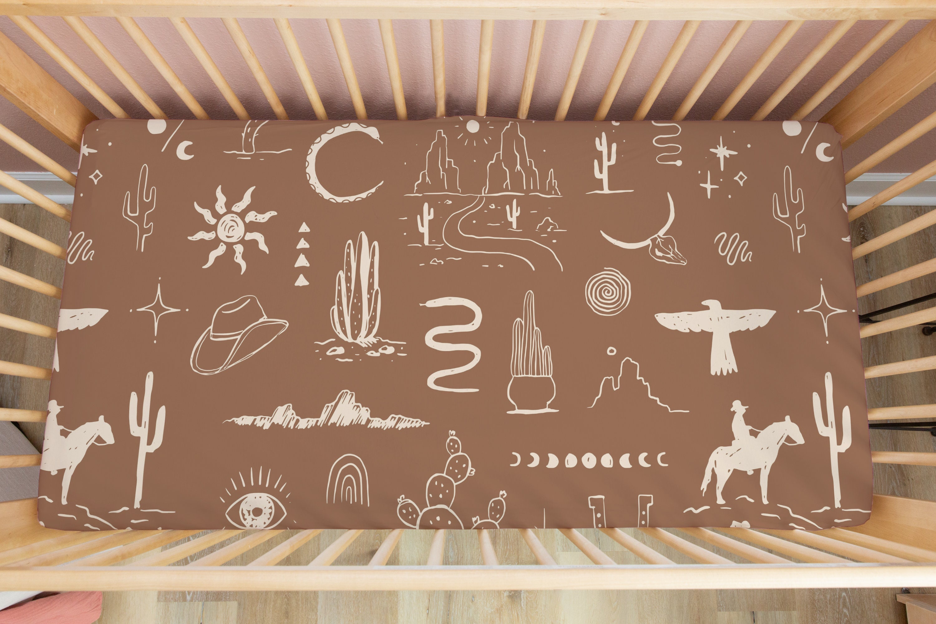 Western Cowboy Crib Sheet, Cactus Desert Nursery Bedding, Southwestern
