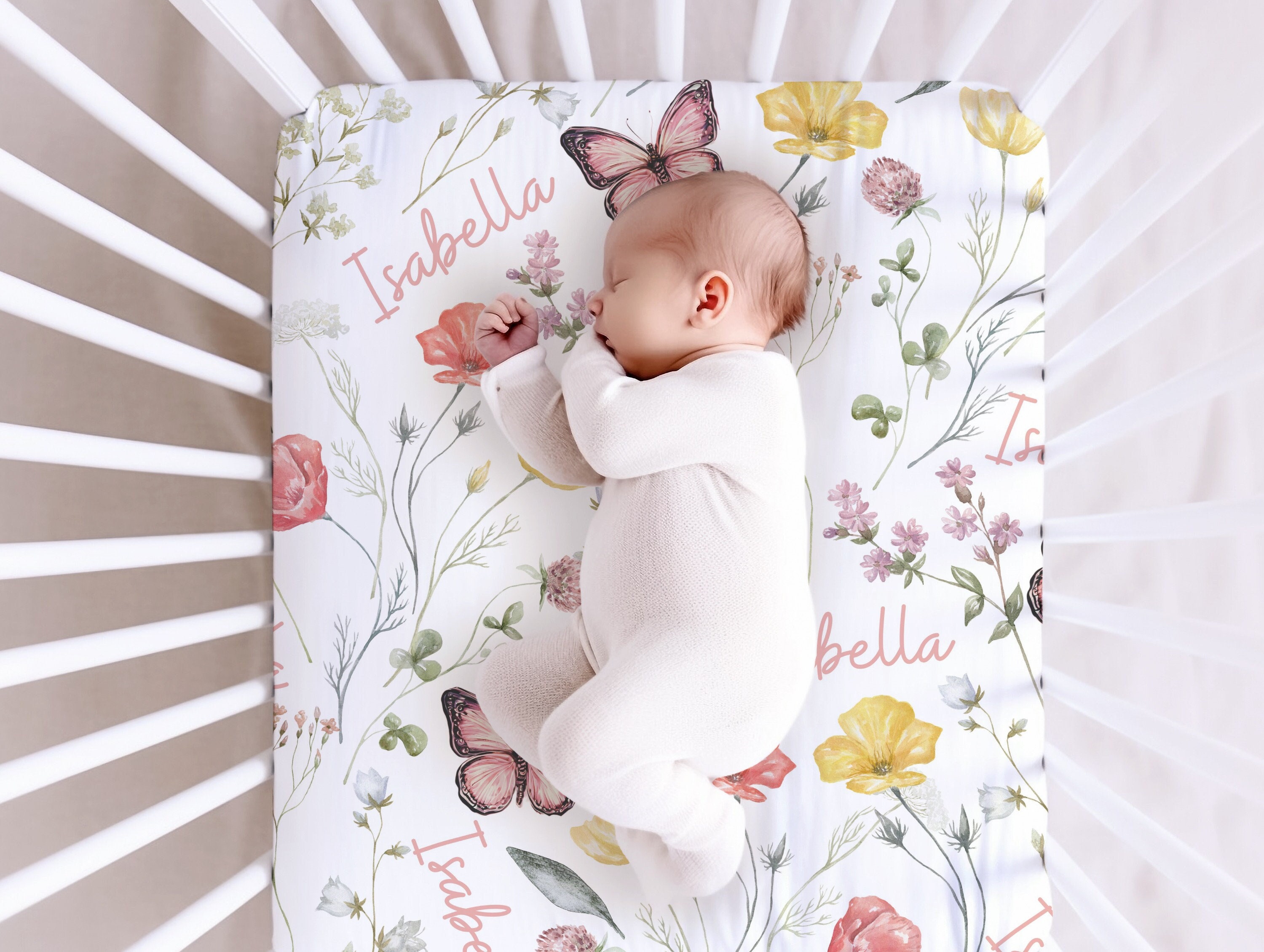Wild Flower Crib Sheet, Boho Floral Crib Bedding, Butterfly Crib Sheet