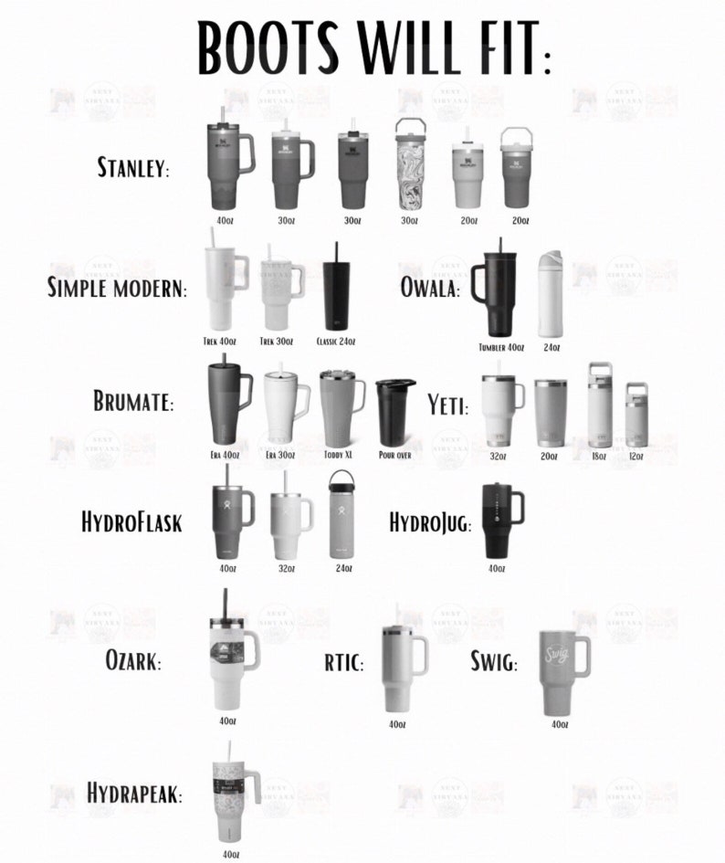 May include: A chart showing different brands of insulated tumblers and their sizes, including Stanley, Simple Modern, Brumate, Hydro Flask, Ozark, RTIC, Swig, and HydraPeak. The chart lists the size of each tumbler in ounces.