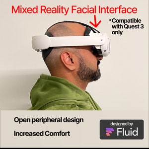 May include: A white and black virtual reality headset with an open peripheral design for increased comfort. The headset is compatible with the Meta Quest 3. The text "designed by Fluid" is visible in the lower right corner of the image.