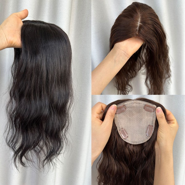 12x13cm 14-Inch Natural Wavy Hand-Tied Hair Topper for Volume Enhancemen, Real Human Hair, Free Parting, Black and Brown Options