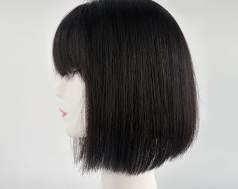 12×13cm Shoulder-Length Silk Base Topper | 5 BB Clips Human Hair Black/Brown Bangs Glossy