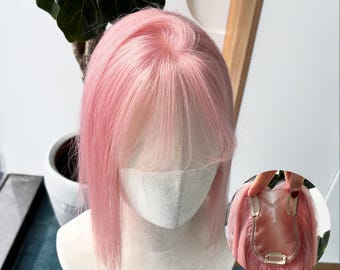 8x11cm Pink Straight with Air Bangs Human Hair Topper for Thinning Hair
