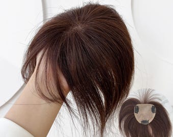 10x10cm Full Silk Base Human Hair Topper 8" Brown Straight Bangs Face Framing