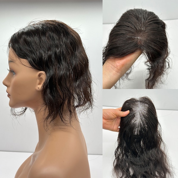 Adorno de cabello humano rizado de tamaño pequeño, 9x14cm, encaje transpirable, adornos de cabello invisibles con línea de cabello natural, color negro y marrón