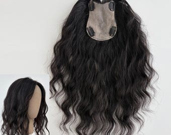 9 × 14 cm Seidenbasis Echthaar Topper V-Form Haaransatz Natürliche Locken Schwarz / Braun