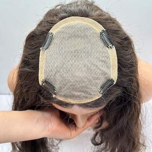 14x15cm Luxurious hand made silk based Natural Curly Dark Brown Human Hair Topper with Breathable Mesh and Secure Clips hair toppers