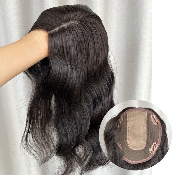 5.5*6“ middle part brown color human remy hair toppers with natural wave style for women thin hair or hair loss 14" length