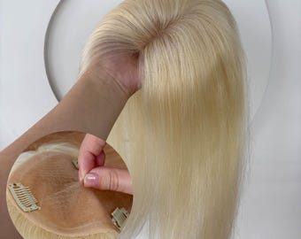 13×14cm Breathable Silk Base Human Hair Topper Blonde PU Side, 14", two styles