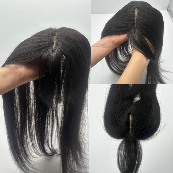 12x13cm human hair toppers with bangs, full silk based Ladies' Natural Black Human Hair toppers for hair volume