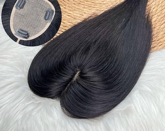 9×11cm Full Silk Base Natural Straight 3Clip-In Human Hair Topper, Black
