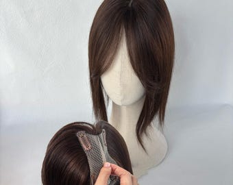 4×5.5'' Full Silk Base Virgin Hair Topper Middle/Side Part Bangs Black/Brown