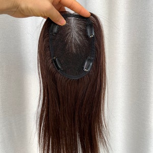 Natural Dark Chocolate Brown Hair Topper, Realistic Silk Base, Thinning Hair Solution with Secure Clips, Volumizing Hairpiece for Women