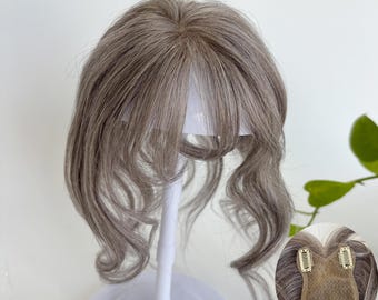 12" Salt and Pepper Human Hair Topper: HD Lace Front with Air Bangs (8x11cm)