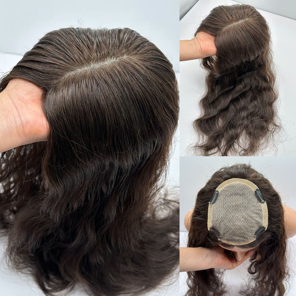 14x15cm Luxurious hand made filk based Natural Curly Dark Brown Human Hair Wig Topper with Breathable Mesh and Secure Clips hair toppers